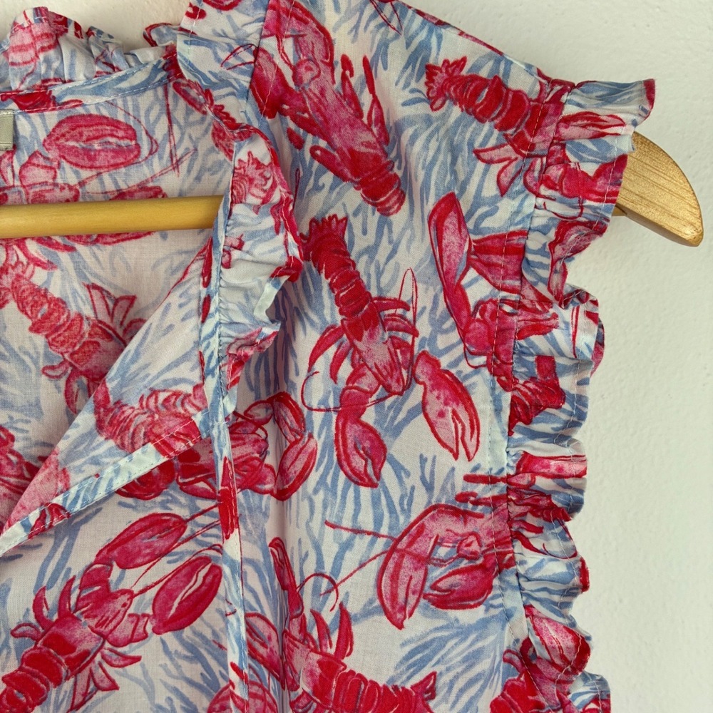 Talbots Lobster Sleeveless Cotton Blouse Large Coastal Nautical Ruffle Neck - Picture 6 of 9
